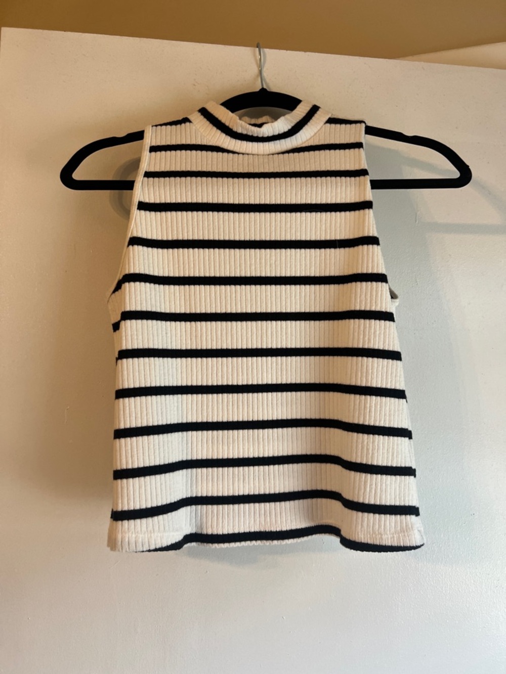 Old Navy Cream and Black Striped Ribbed Mock Neck Tank